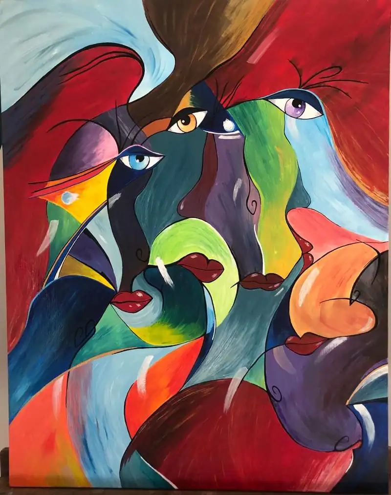 Bavardage, tableau acrylique coloré de Christel Art, 50,5 × 64,5 cm