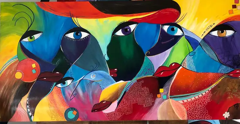 Portrait de famille, tableau acrylique coloré de Christel Art, 90 × 45 cm