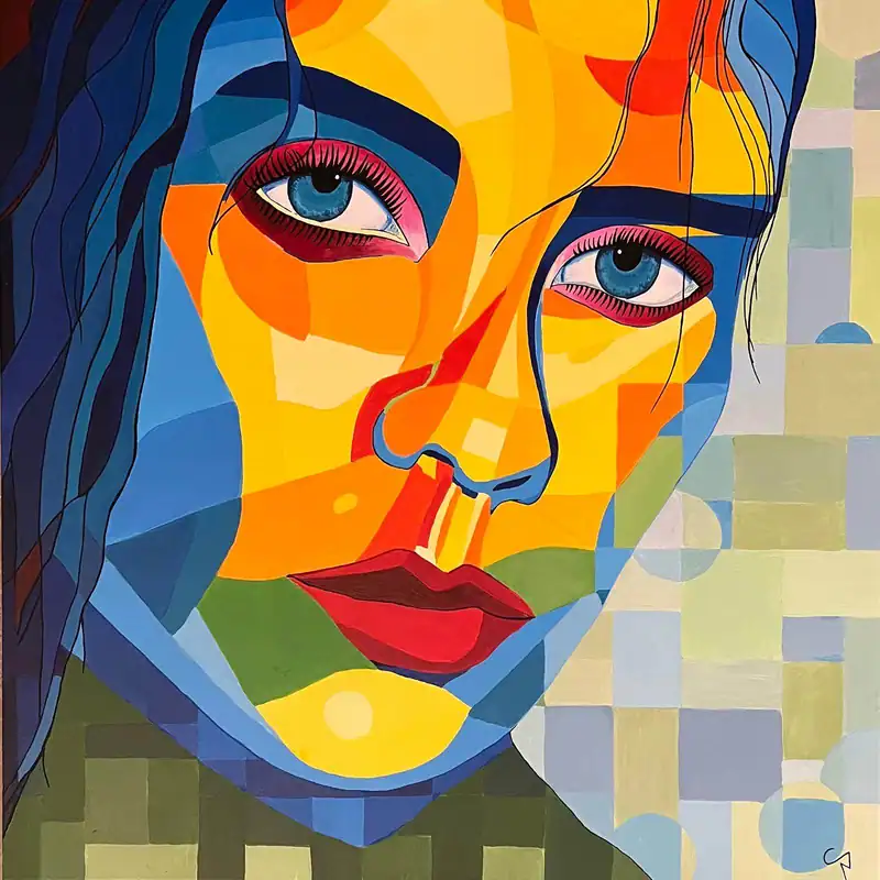 Portrait de femme en aplats géométriques très colorés, tableau acrylique de Christel Art, 80 × 80 cm